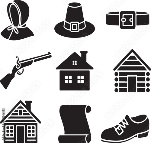 Collection of historical american colonial icons and symbols
