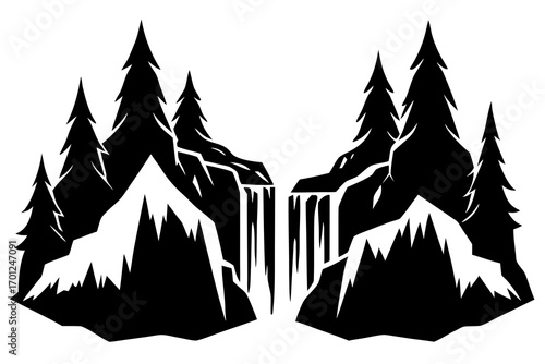 Beautiful frozen waterfall surrounded by snowy rocks and forest, silhouette vector illustration