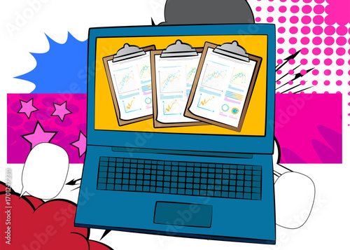 Cartoon Laptop, comic book Notebook with business report. Retro vector comics pop art design.