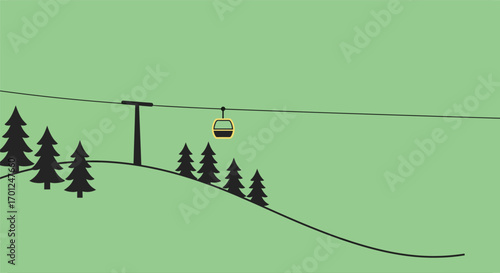Minimalist graphic of ski lift gondola on winter mountain, symbolizing snowy fun and leisure