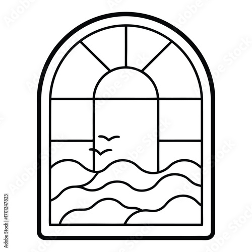 Expansive arched window framing a breathtaking ocean view with dynamic waves and bright sunlight