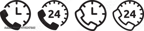 24, hour, service, support, clock, time, phone, call, icon, symbol, business, communication, assistance, round, dial, numbers, graphic, design, isolated, white background, set, collection, help, conta