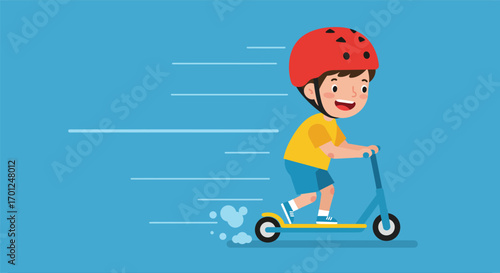 Happy cartoon boy riding a kick scooter with speed and motion