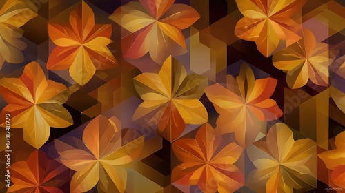 Seamless geometric abstract pattern with stylized maple leaves in warm autumn colors, modern repeating background ideal for textiles, wallpapers, packaging, stationery, or digital design projects w...