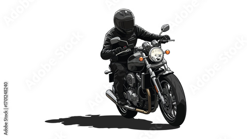An artistic illustration of a biker in full black gear and helmet riding a modern classic motorcycle.
