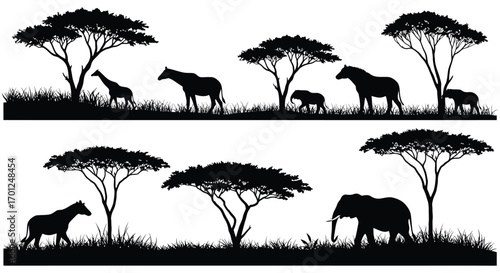 african savanna scene with elephants giraffes and acacia trees