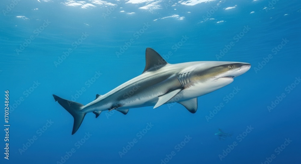 Fototapeta premium Graceful Silvertip Shark Glides Through Azure Waters, Sunlit Surface Above