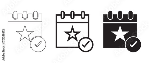 Calendar with star and checkmark icon. isolated on white background, representing event.