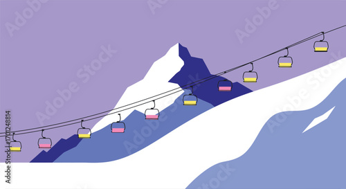 Ski lift ascending snow-covered mountain A vibrant winter landscape illustration