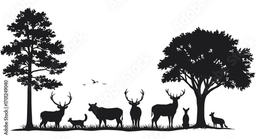 forest scene with deer family under tall trees
