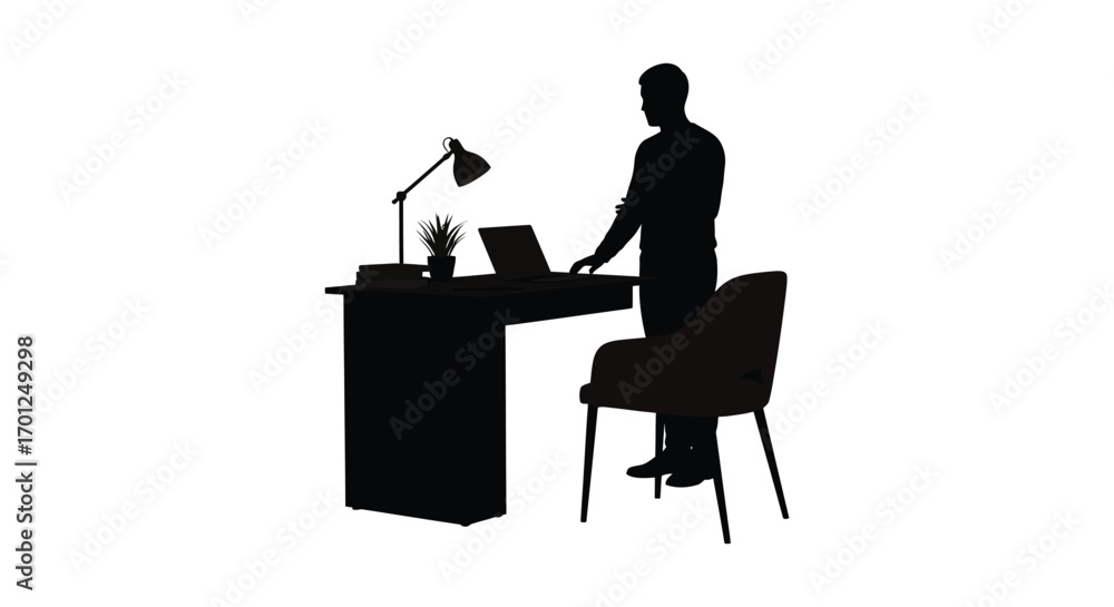 Fototapeta premium a person working at desk with lamp and plant silhouette