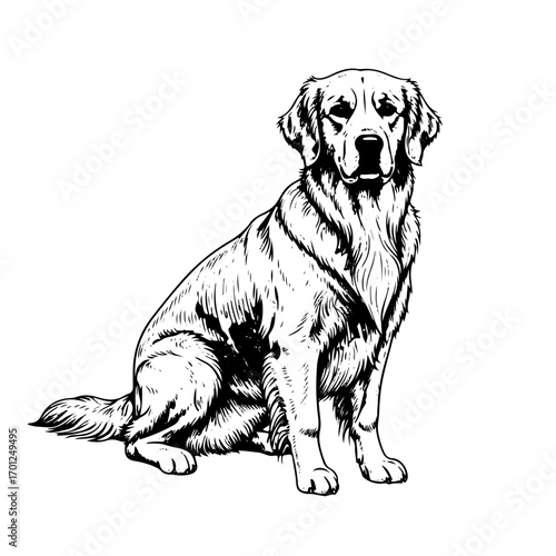 Golden Retriever, line art engraving, black and white, hand drawn, vector illustration, isolated on white transparent background