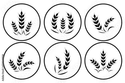 Wheat spikes, barley sheaf with grain set in circle. Ear of Wheat, Barley or Rye. Vector icon isolated on white background. Agriculture wheat Logo Template vector icon design.