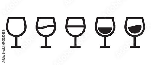 Wine glass icon set. isolated on white background with different level of wine.
