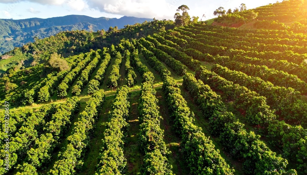 Fototapeta premium Aerial view of a lush, terraced hillside farm illuminated by golden sunlight, showcasing rows of green vegetation and mountain backdrop