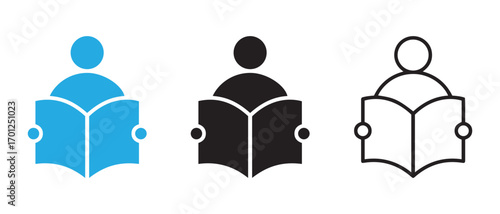 Person reading book vector icon set. isolated on white background, silhouette.