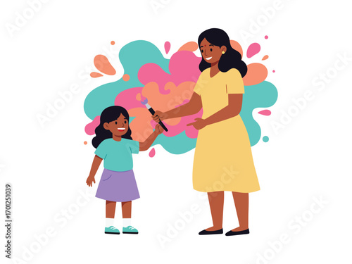 A loving mother and her little girl creating colorful art together