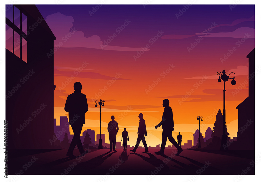 Naklejka premium Silhouetted figures walk through a city street at sunset with dramatic orange and purple sky