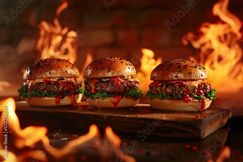 Three burgers on a wooden board, against a background of fire and flames, with studio lighting, high-resolution photography, insanely detailed