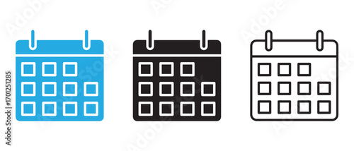 Calendar icons in different styles isolated on white background.