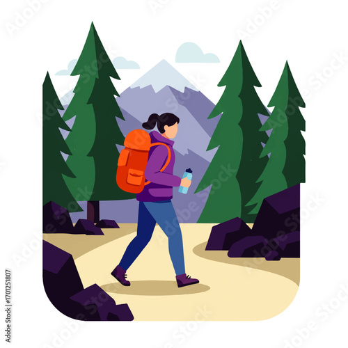 A woman with a backpack hikes on a trail through a forest with mountains in the background, holding a water bottle.
