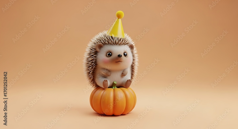 Fototapeta premium Cute hedgehog wearing a party hat sitting on a pumpkin against a soft orange background for autumn celebrations and festive occasions