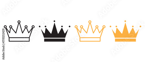 Crown icon set. black and gold color, isolated on white background.