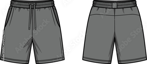 CAD flat vector illustration of casual men shorts design with elastic waistband, drawstring closure, fashion technical sketch front and back