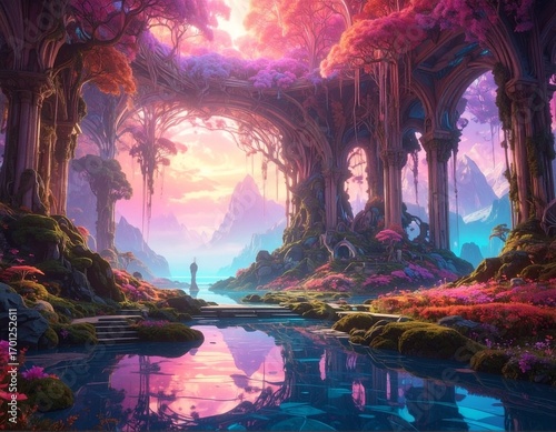 A lone figure stands by a shimmering river in a breathtaking, vibrant fantasy landscape filled with glowing pink and purple trees, majestic arches, and distant mystical mountains under a colorful sky.