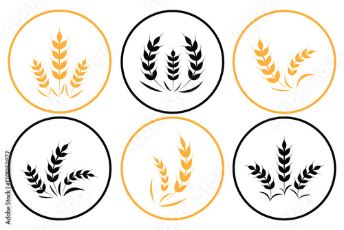 Wheat spikes, barley sheaf with grain set in circle. Ear of Wheat, Barley or Rye. Vector icon isolated on white background. Agriculture wheat Logo Template vector icon design.