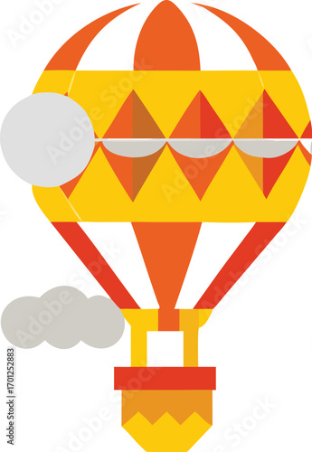 Flat design hot air balloon in red, orange, and yellow with grey clouds and geometric patterns EPS vector file download
