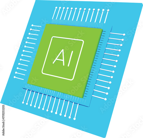 Green AI chip on a blue circuit board with white pins and lines artificial intelligence processor EPS vector file download