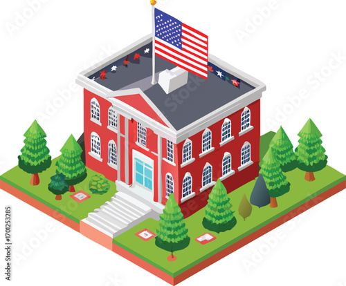 Isometric view of a red brick school building with white columns, trees, and an American flag on a grassy plot  EPS vector file download