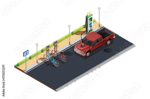 Electric car and electric bike charging in empty parking area with fast supercharger station. Flat vector illustration isolated on a white background