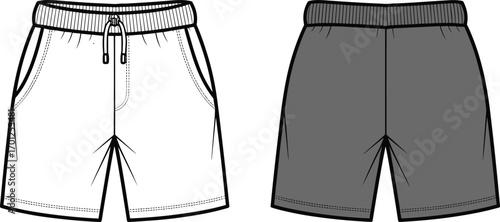 CAD flat vector illustration of men casual shorts with elastic waistband, drawstring, side pockets, fashion design technical sketch front back