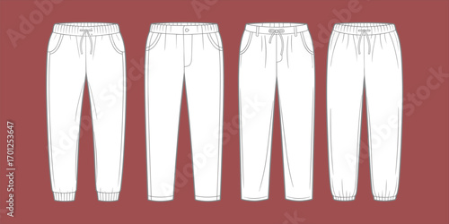 CAD flat vector illustration of men jogger pants and casual trousers with drawstring waistband, elastic cuff, technical fashion sketch