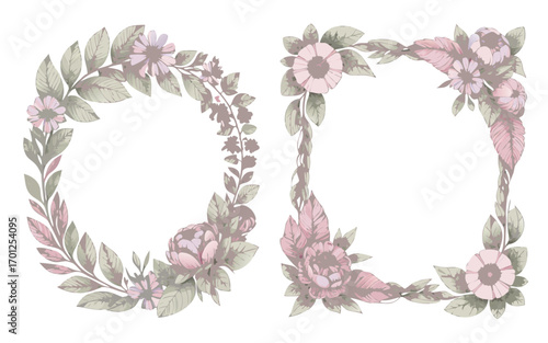 Elegant floral frame isolated on white background featuring delicate flowers and foliage in soft pastel tones, perfect for wedding invitations and stationery