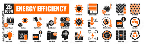 Energy Efficiency icon set collection in outline style. an icon pack contain Air Loop, Bright Grid, Eco Module, Solar Beam, Smart Shade, Heat Lens, Eco Brick, Cool Mesh.