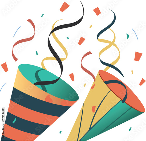 Two Party Poppers Exploding with Colorful Confetti and Swirling Ribbons on White Background celebration  EPS vector file download