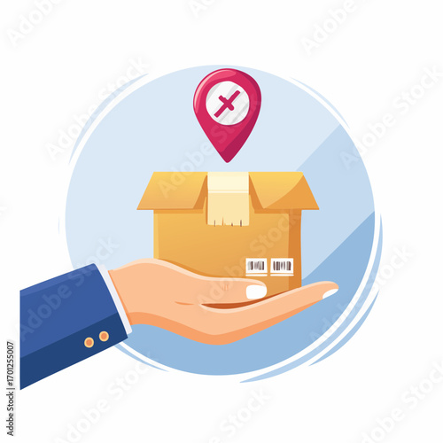 Hand Holding Cardboard Box With Canceled Location Pin