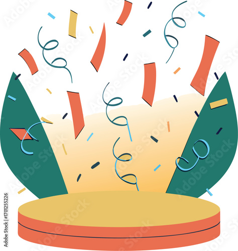 Yellow and Red Podium with Falling Confetti and Swirling Ribbons Against Teal Background Arch celebration EPS vector