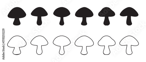 Mushroom vector icon set. black silhouette and outline isolated on white background.