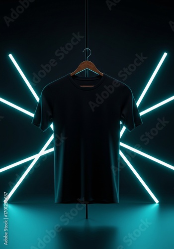 Blank black t-shirt mockup hanging against a futuristic background of glowing cyan neon lights