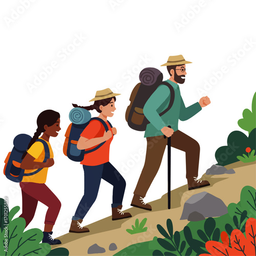 A family of three, including a father, mother, and daughter, are hiking uphill with backpacks and hats, enjoying the outdoors.