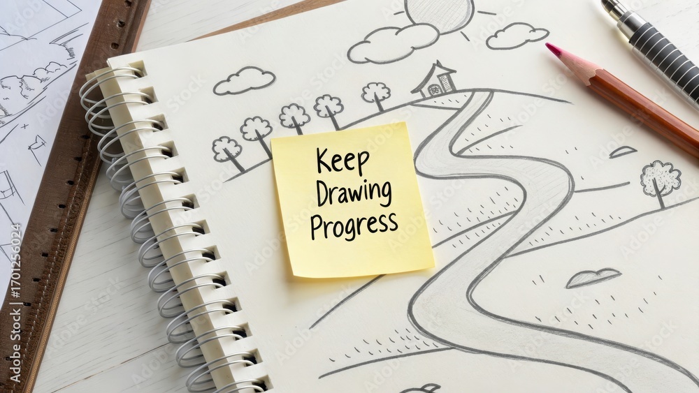Fototapeta premium Inspirational Sketching Note on Drawing Progress with Scenic Illustrations
