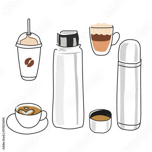 Vector illustration of various drinks and coffee cups with thermoses