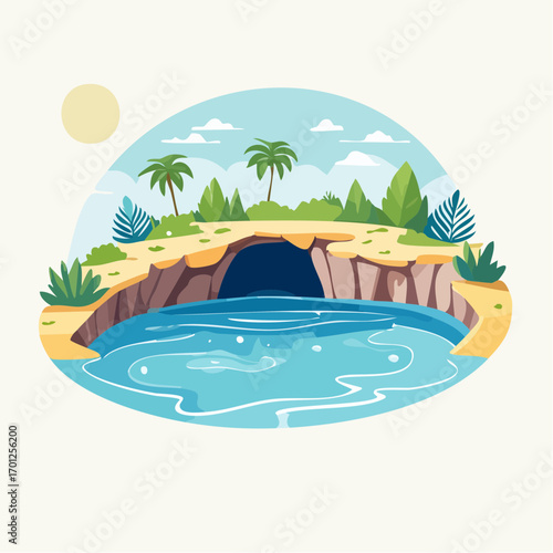 Tropical Beach Cove Grotto With Palm Trees and Lush Foliage