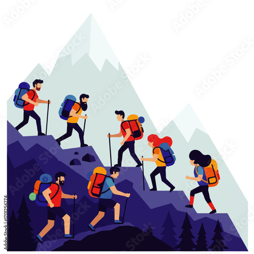 Group of hikers with backpacks and trekking poles ascending a mountain trail, with snowy peaks and evergreen trees in the background.