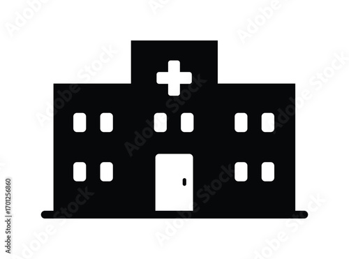 Black hospital building stencil icon silhouette with cross symbol on the roof, representing healthcare, emergency, clinic, doctor services, medical facility architecture, and public health care.