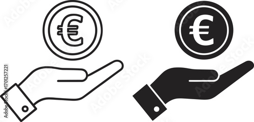 Euro coin in hand, financial support concept, currency exchange symbol, black outline and silhouette style, economic aid vector illustration, white background